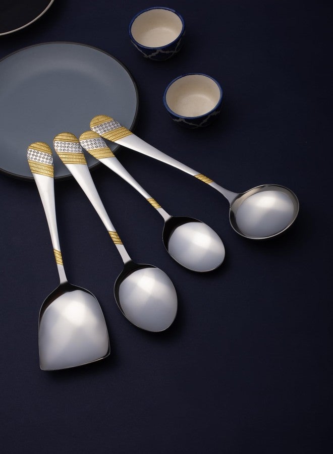 FnS Imperio Stainless Steel 24 Karat Gold Plated Serving Set of 4 (1 Small Serving Spoon, 1 Large Serving Spoon, 1 Gravy Ladle, 1 Rice Server) - Image 1